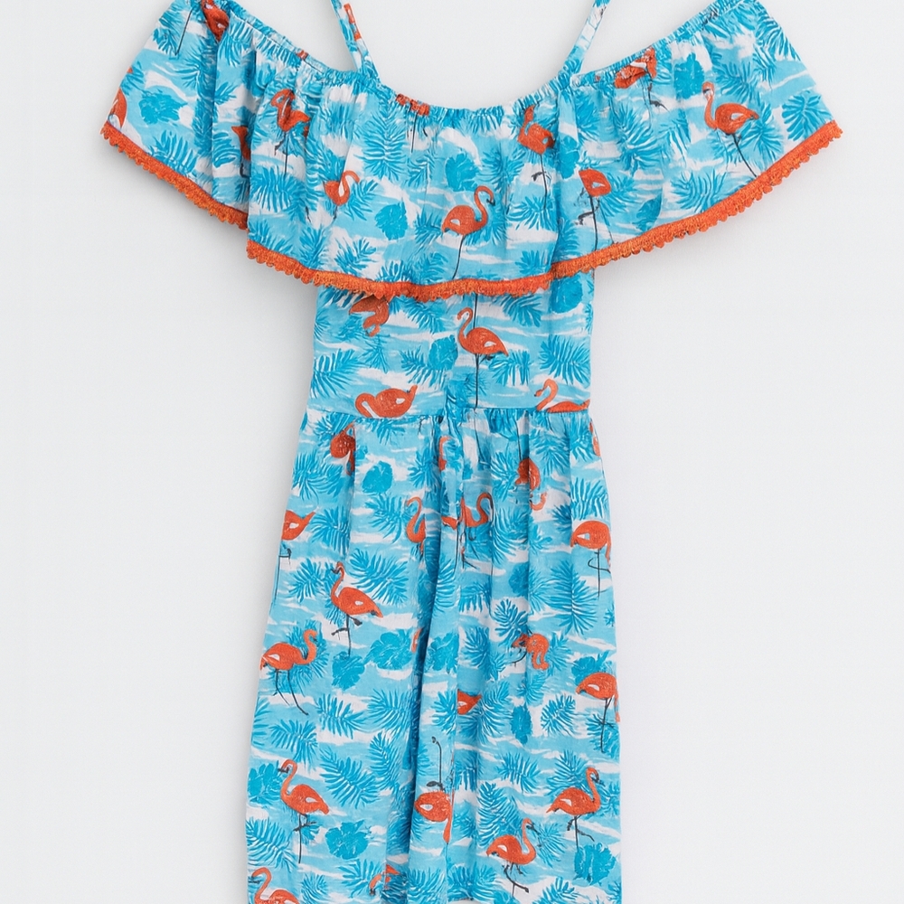 Star Ride Flamingo Dress (10/12) M Blue, Summer, Off shoulder, Frill, Cotton
